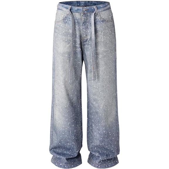 Men Women Rhinestone Wide Leg Jeans,Vintage Baggy Sparkly Bling Y2K Denim Pants