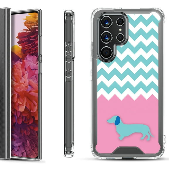 Shockproof Bumper Phone Case for Samsung Galaxy S22 Ultra 5G, by OneToughShield ® - Chevron/Dachshund/Puppy