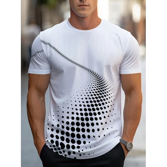 Men's short-sleeved white T-shirt, black polka dot pattern design, light blended fabric, suitable for casual going out and daily wear, adult comfort version