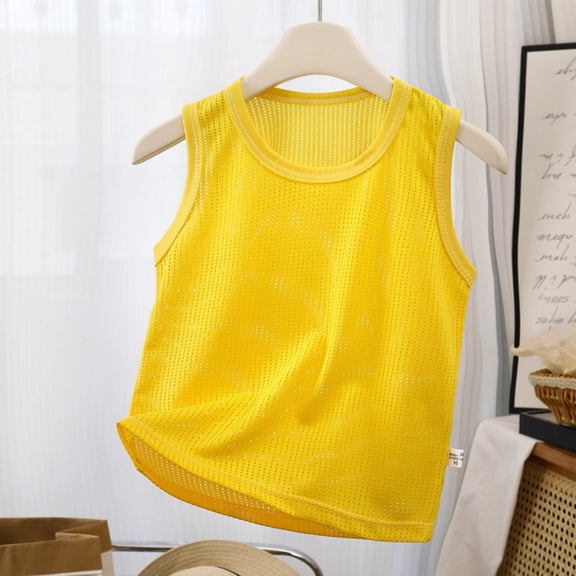 ITSAME Boys Girls Tank Tops, Active Fit Round Neck Mesh Breathable Casual Fashion Sleeveless Shirts Yellow Size 5-6
