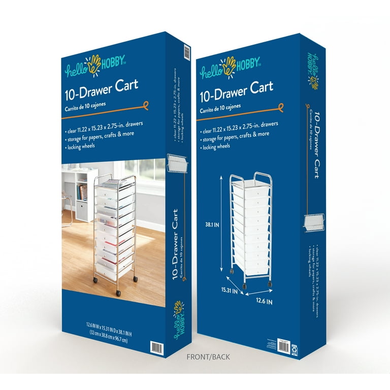 Hello Hobby 10-Drawer Multi-Color Rolling Craft Cart, Clear/Chrome