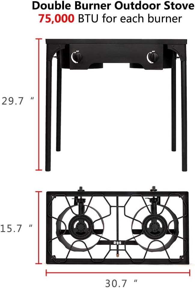 2-Burner Outdoor Portable Propane Gas Stove, 150,000 BTU Heavy-Duty Iron Cast Cooker with Detachable Stand Legs for Camping & Patio Use