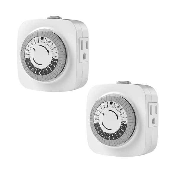 24 Hour Indoor Mechanical Timer with 2 Ground 3 Plug Socket Timer 30 min Daily on/Off Cycle for Lamps Christmas Tree Lights ETL Certified White 2 Pack