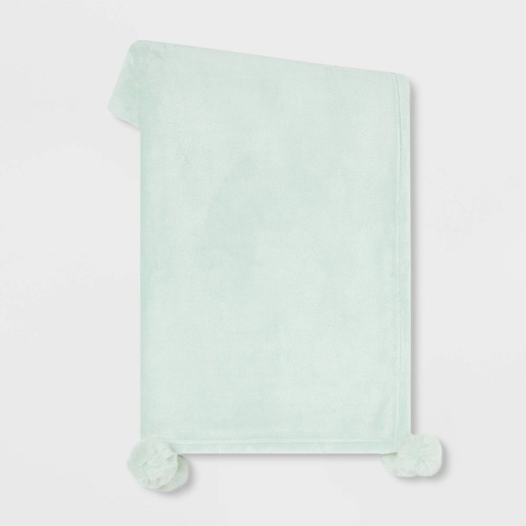 Plush Throw Blanket with Faux Fur Pom Poms Aqua Opalhouse