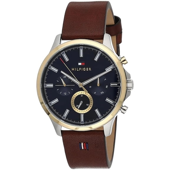 Tommy Hilfiger 1710496 Men's Blue Multifunction Analog Watch Brown Leather Strap