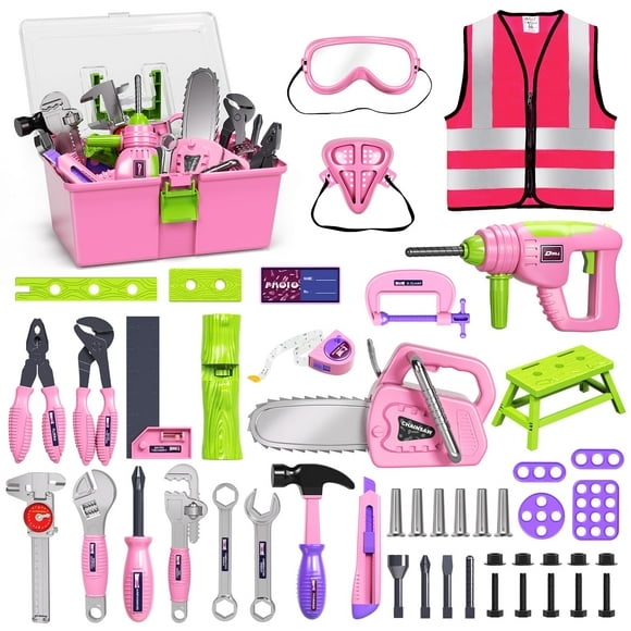 Deejoy Kids Tool Set with Electric Saw & Electronic Toy Drill, 54Pcs Pretend Play Kids Construction Set for Toddler 3-5 Years Old, Toddler Tool Set-Pink