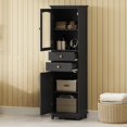thumbnail image 3 of Tcbosik Floor Bathroom Cabinet with Glass Doors, Narrow Storage Cabinet with Adjustable Shelves, Multifunctional Storage Organizer with 2 Drawers, Black, 3 of 12