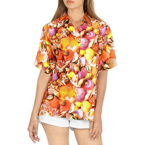 LA LEELA Hawaiian Shirts Womens Casual Summer Beach Party Blouse Shirt Blouses Short Sleeve Vacation Button up Dress Tops Tee Shirts Tank Top Women XXL Seashells, Orange