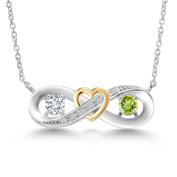 Gem Stone King 925 Silver and 10K Yellow Gold Green Peridot and Lab Grown Diamond Two-Tone Heart Interlocking Infinity Symbol Pendant Necklace for Women (0.63 Cttw, with 18 inch Chain)