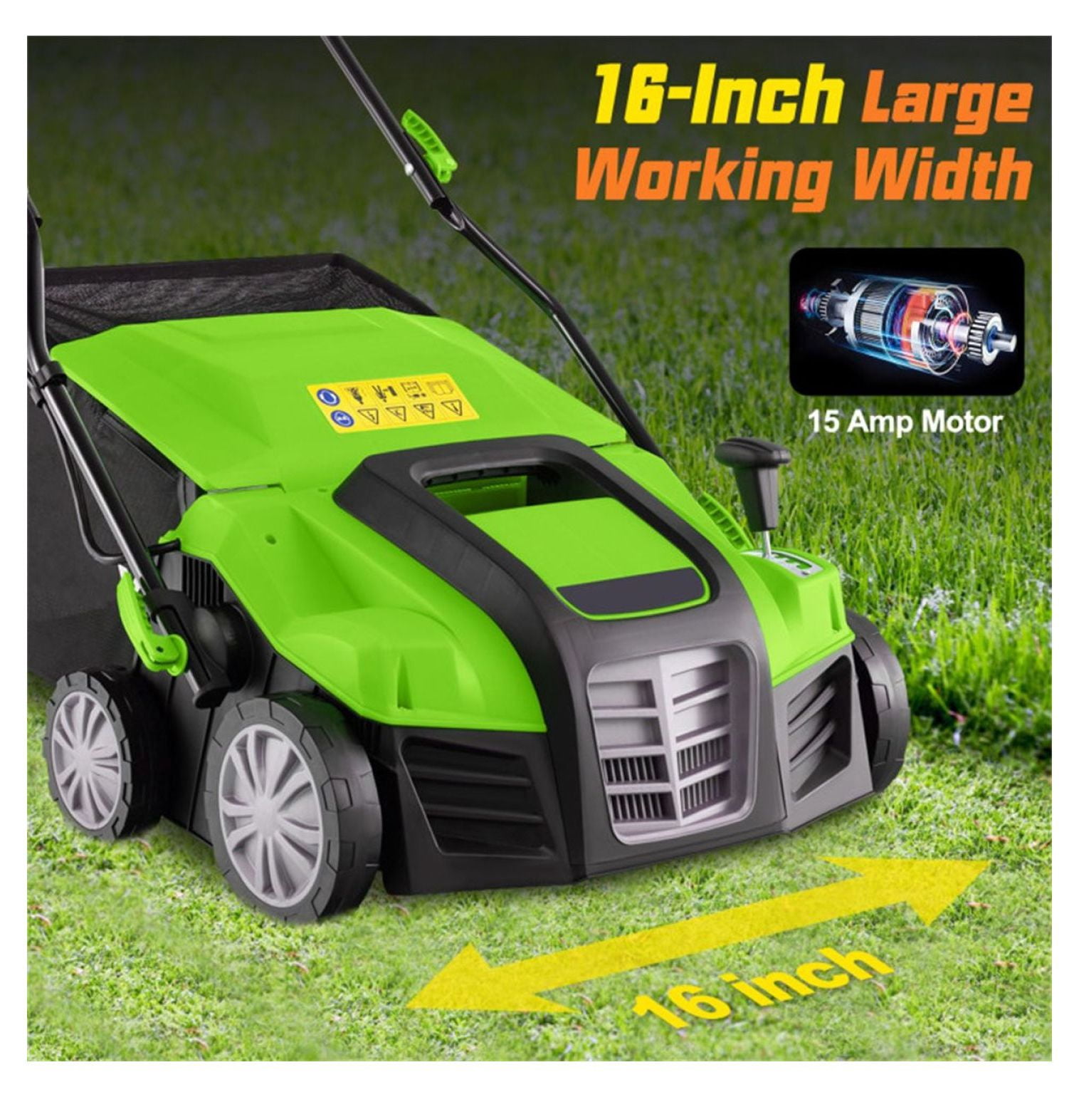 Electric Lawn Dethatcher, 16-Inch Corded Scarifier, 2-in-1 Adjustable Dethatcher with Grass Bag for Lawn Care - Green