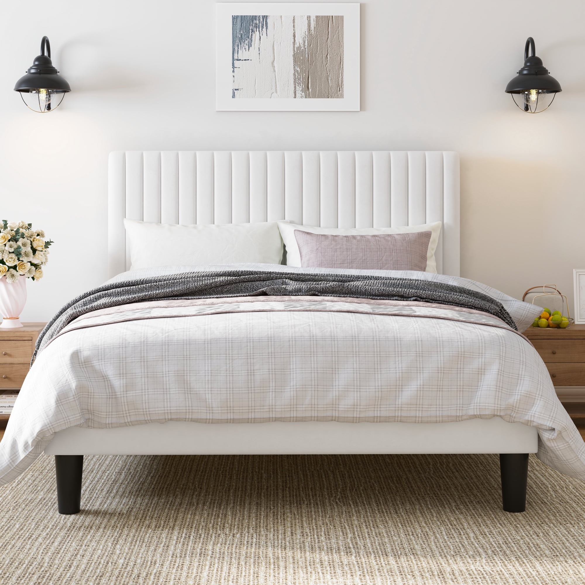 Amolife Queen Size Upholstered Platform Bed Frame with Adjustable Velvet Headboard, Off-White