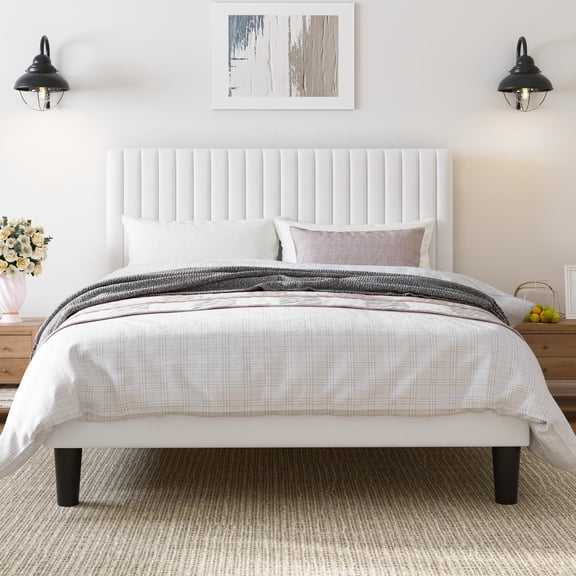 Amolife Queen Size Upholstered Platform Bed Frame with Adjustable Velvet Headboard, Off-White