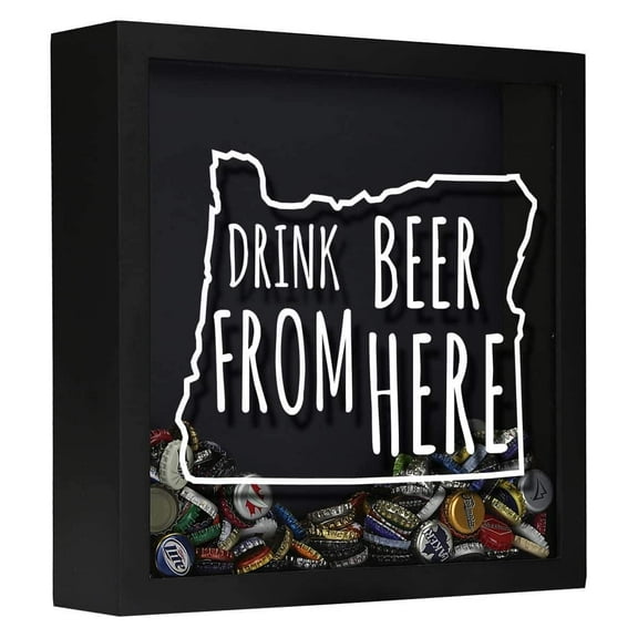 Torched Oregon Beer Cap Shadow Box Wall Mount Decor 13"x13"x3" Black