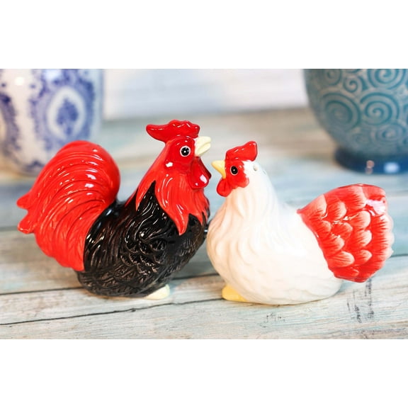 Ebros Chicken Black Rooster And White Hen Magnetic Salt And Pepper Shakers Set