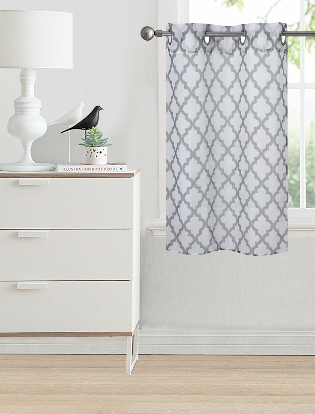 1PC GROMMET VOILE SHEER WINDOW PANEL CURTAIN GEOMETRIC PRINTED IVORY/TAUPE S38 