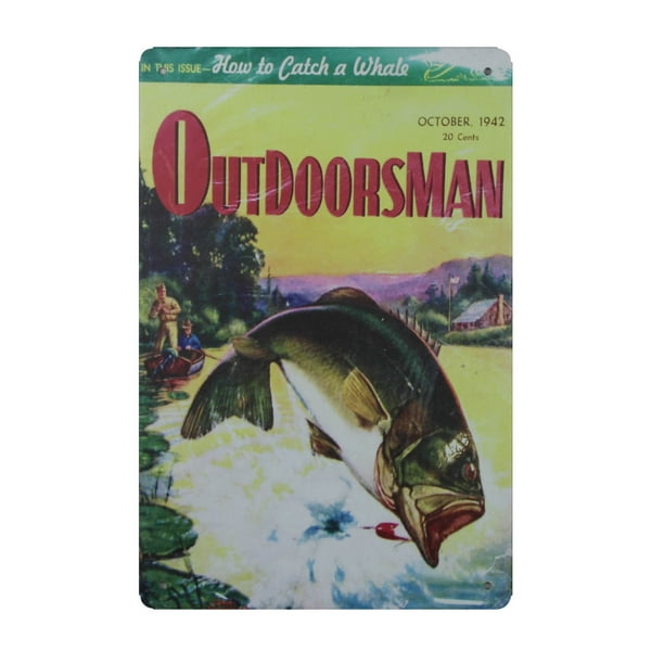 1942 Outdoorsman Magazine Bass Hunting Fishing metal tin sign