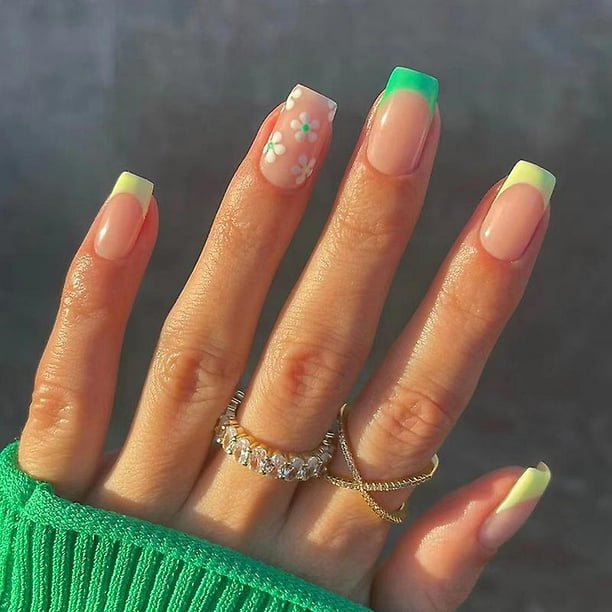 Short Fake Nails With Flowers Design Colorful Nails Clear Press On