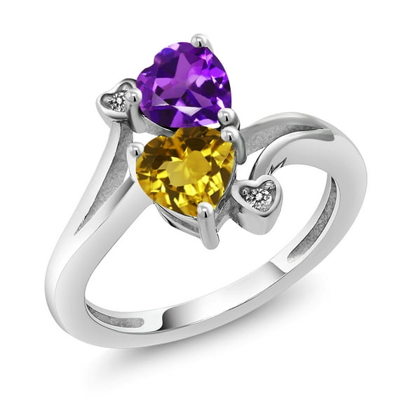 Gem Stone King 925 Sterling Silver Purple Amethyst Yellow Citrine and White Diamond Ring for Women (1.38 Cttw, Heart Shape 6MM, Gemstone February Birthstone, Size 5)