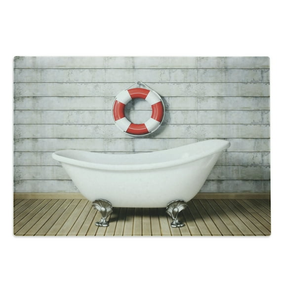 Vintage Cutting Board, Bathtub in a Room Grunge Wall Classical Floral Foot Resting Sailor Nautical, Decorative Tempered Glass Cutting and Serving Board, Large Size, White Red Grey, by Ambesonne