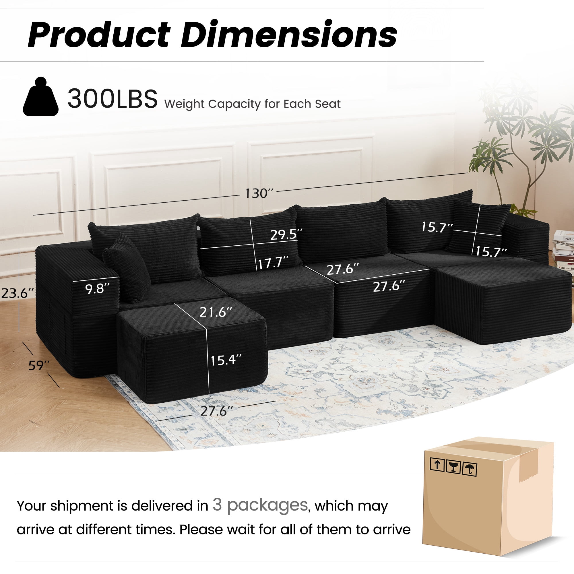 Vicluke 131" Cloud Couch Sectional, U Shaped Modern Sofa with 2 Ottomans, Comfy Corduroy Fabric Modular Sectional Sofa in a Box, Boneless Couches for Living Room, No Assembly Required (Black)