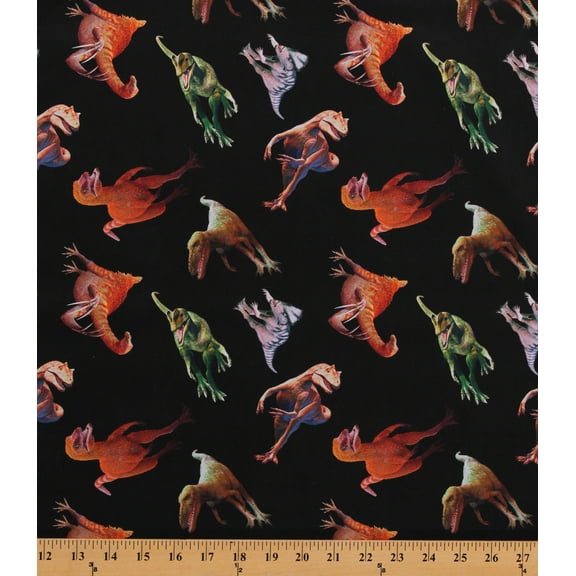 Cotton Dinosaurs T-Rex Velociraptors Triceratops Dinos Tyranno-Chorus Kids Black Cotton Fabric Print by the Yard (1546-99)