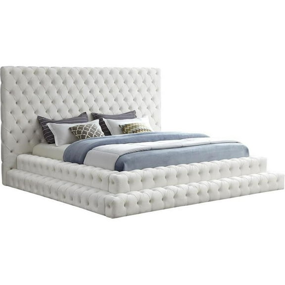 Maklaine Contemporary Upholstery Cream Velvet King Bed