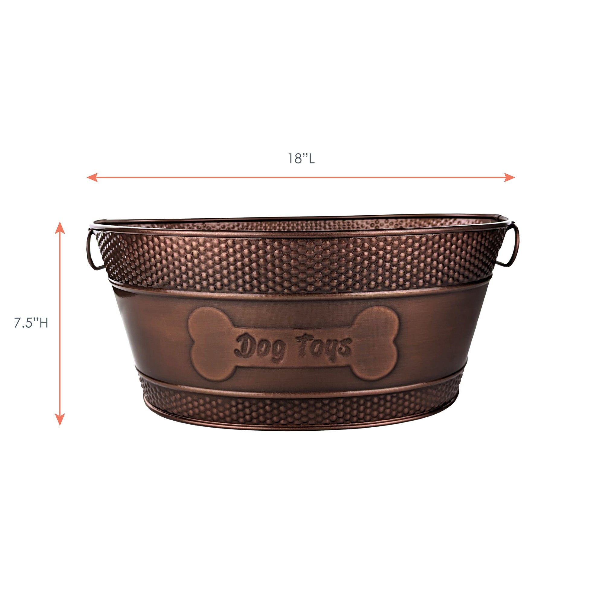 BREKX Metal Indestructible Dog Toy Bin, Antique Copper Oval, 18"L x 13"W x 7.5"H