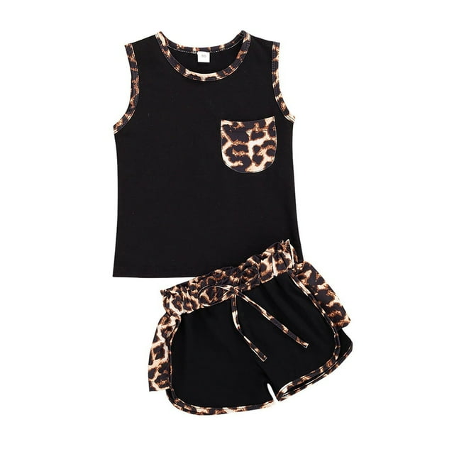 2 Pcs Bébé Léopard Print Tenues, Bambin Sans Manches Col Rond Gilet Cordon de Serrage Vêtements Décontractés Ensemble