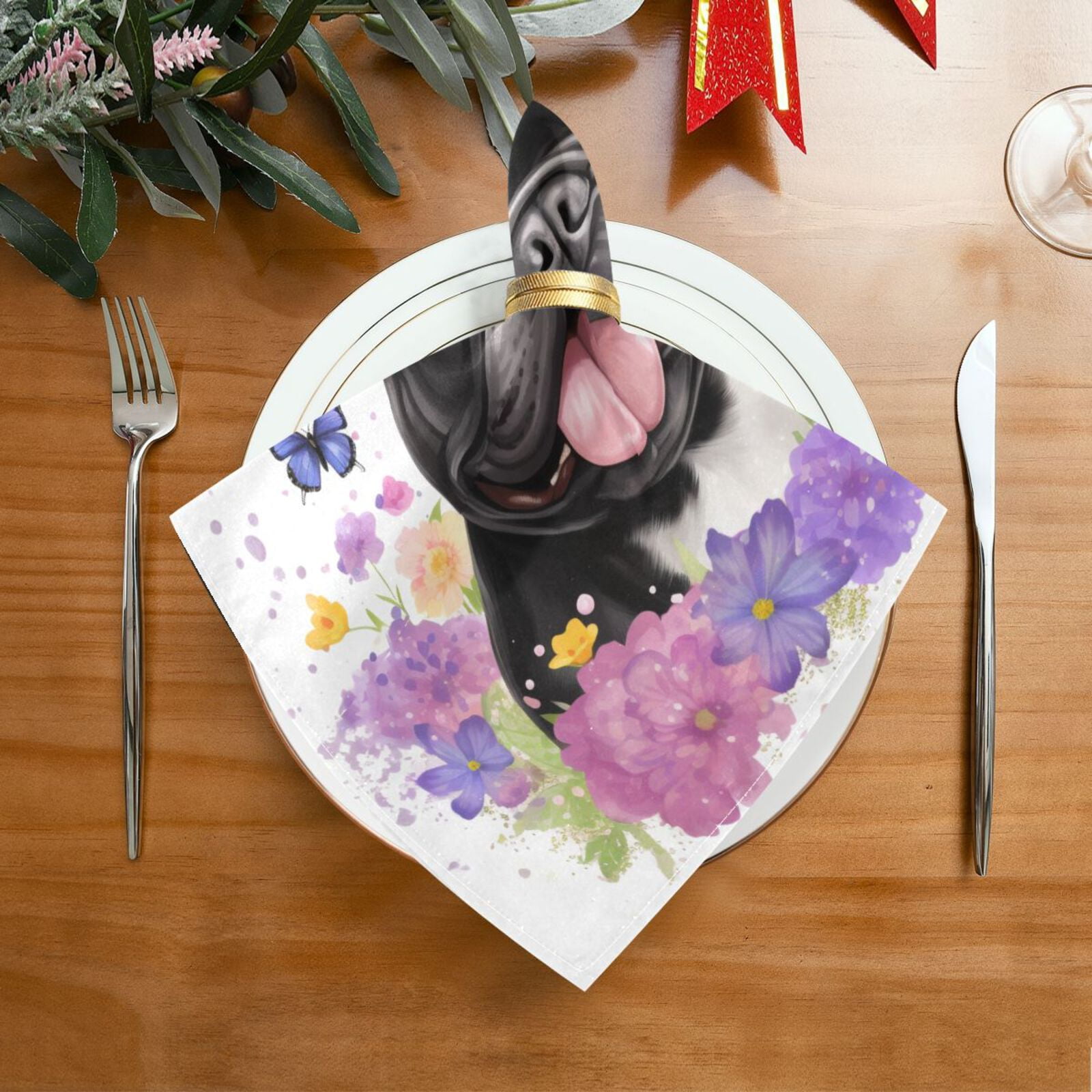 JSTEL Bulldog Puppy Butterfly Cloth Napkins Set of 6, 20x20 Inch Washable and Reusable Napkin for Decoupage Dinner Party Everyday Use