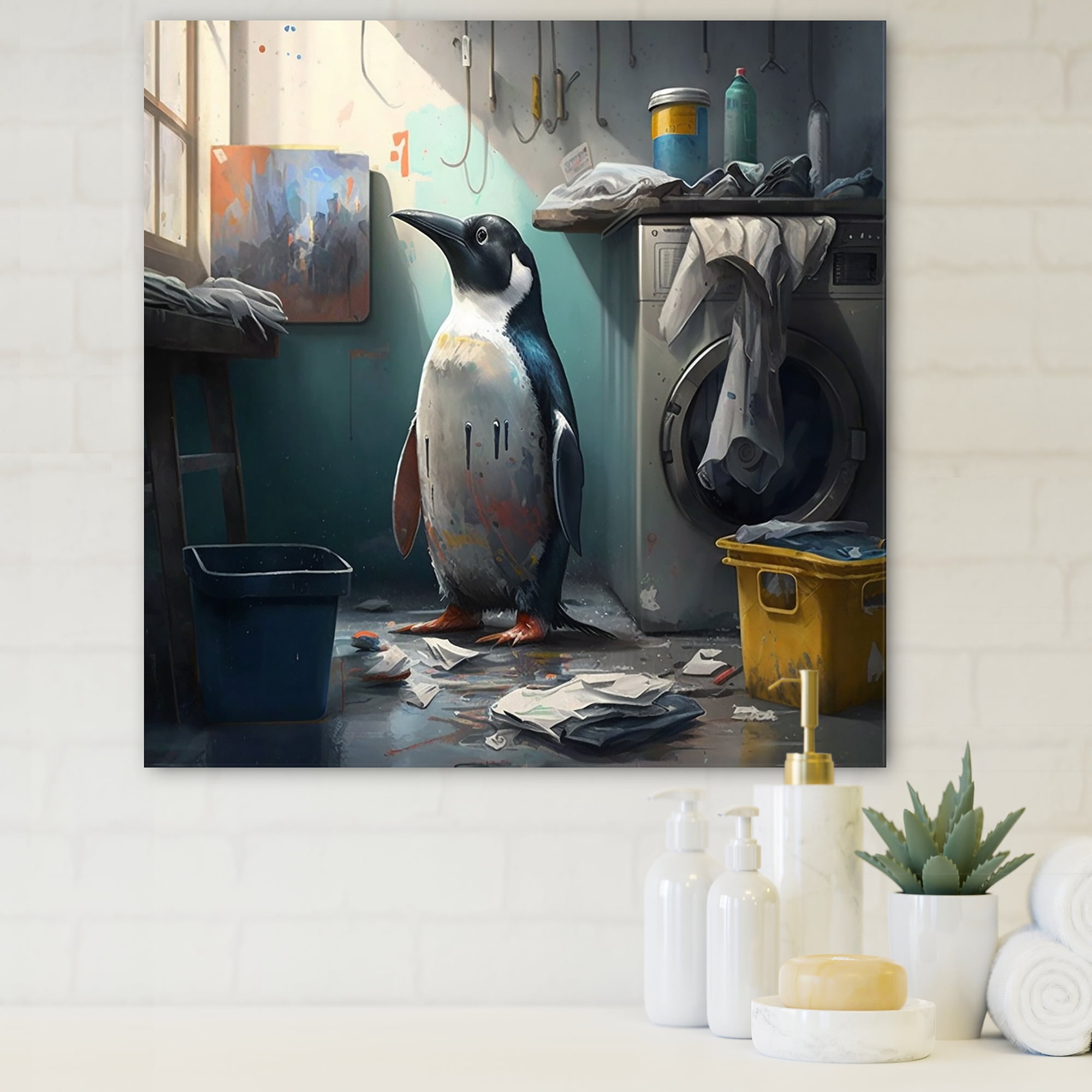 Designart Cute Penguin Doing Laundry Canvas Wall Art