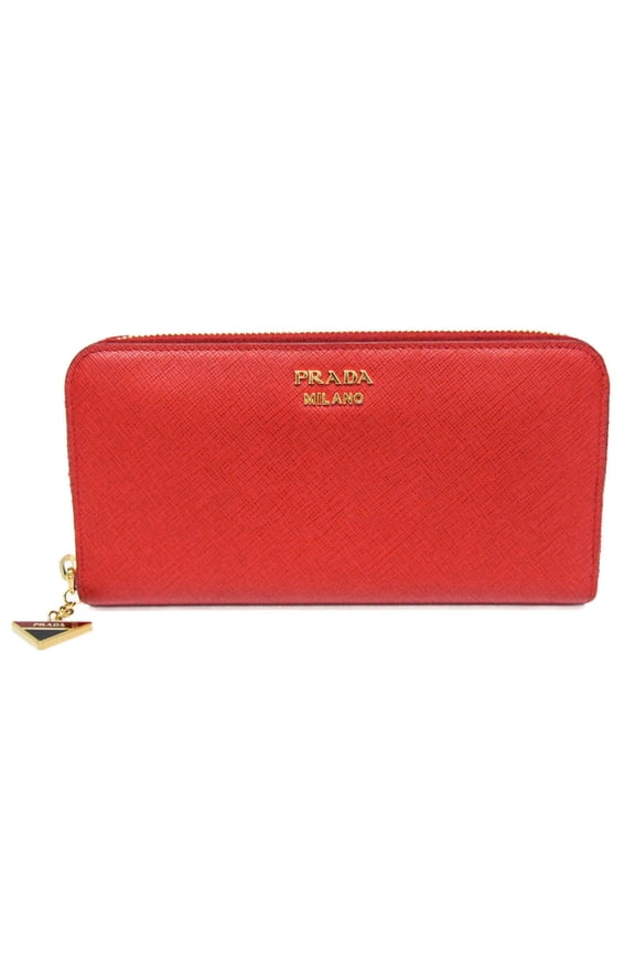 Pre-Owned Prada Saffiano Round Zip Triangle Charm Women's Leather Long Wallet (bi-fold) Red...