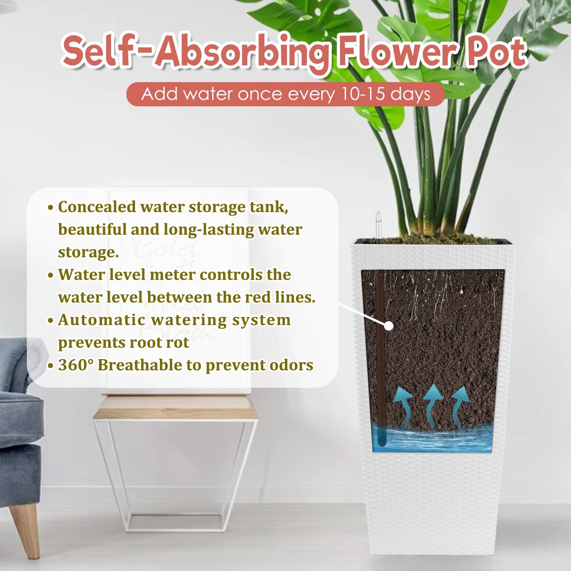 Outdoor Planter, 30 Inch Tall Self Watering Flower Pot for Garden Yard Patio Planting, White
