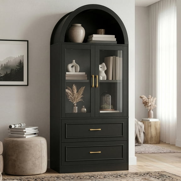 Euroco 71.25" Tall Arched Kitchen Pantry Cabinet,Farmhouse Wood Arched Storage Cabinet with Glass Door & 2 Drawers for Kitchen & Living Room,Black