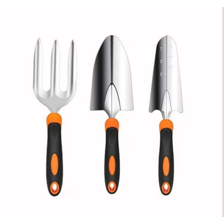 Garden Tool Set 3 Piece Heavy Duty Gardening Kit with Soft Rubberized Non-Slip Handle (Orange)