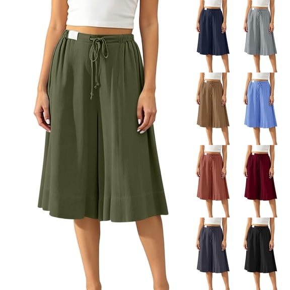 Wide Leg Capri Pants for Women High Waisted Drawstring Linen Palazzo Pants Pleated Loose Flowy Culottes with Pockets, M