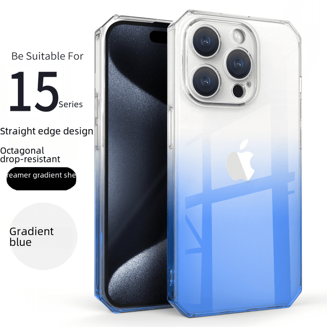 Aplicable a la carcasa del teléfono móvil iPhone 15, carcasa transparente con degradado, carcasa blanda de TPU octogonal resistente a caídas de Apple 14, borde recto en forma de cubo