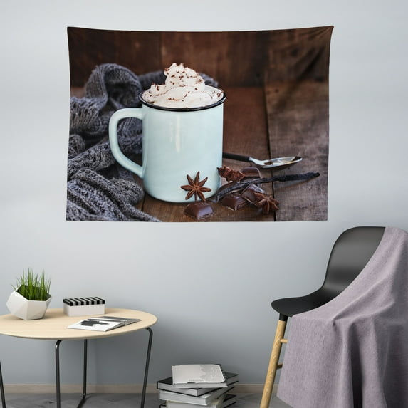 Winter Tapestry, Cozy Scene of a Cup of Hot Cocoa for Christmas with Whipped Cream on Top, Fabric Wall Hanging Decor for Bedroom Living Room Dorm, 5 Sizes, Brown and Multicolor, by Ambesonne