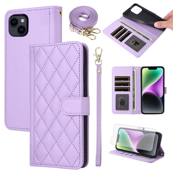 Furiet Argyle Wallet Case for iPhone 14 Plus 6.7 inch with Tempered Glass Screen Wrist Strap Shoulder Strap, Card Slots Phone Cover for i-Phone 14 iPhone14Plus 5G i i14 iPhone14 14Plus Purple