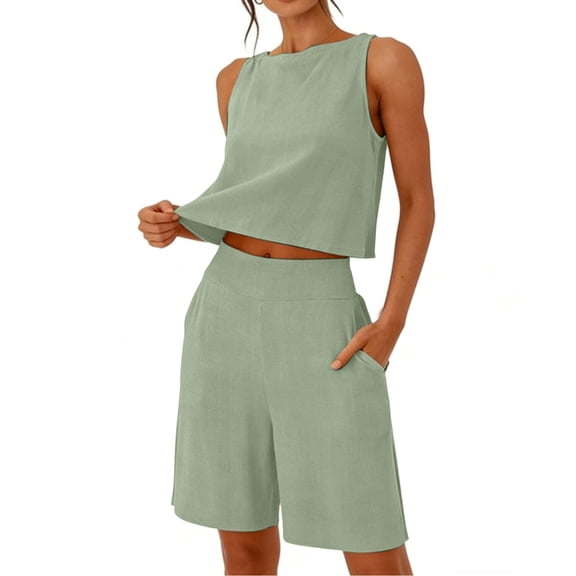PRINxy Women's Casual 2 Piece Set Sleeveless Round Neck Linen Crop Top High Waist Bermuda Shorts with Side Pockets Summer Daily Outfit Mint Green XL