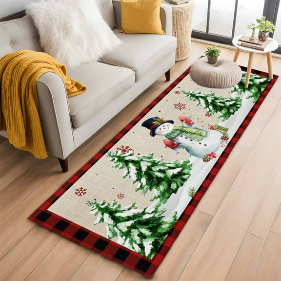 Christmas Snowman Kitchen Runner Rug 2x6 Washable Runners for Hallway Non Slip Xmas Tree Snowflake Rustic Winter Large Area Rug Indoor Floor Carpet for Bathroom Laundry Entryway Bedroom Living Room