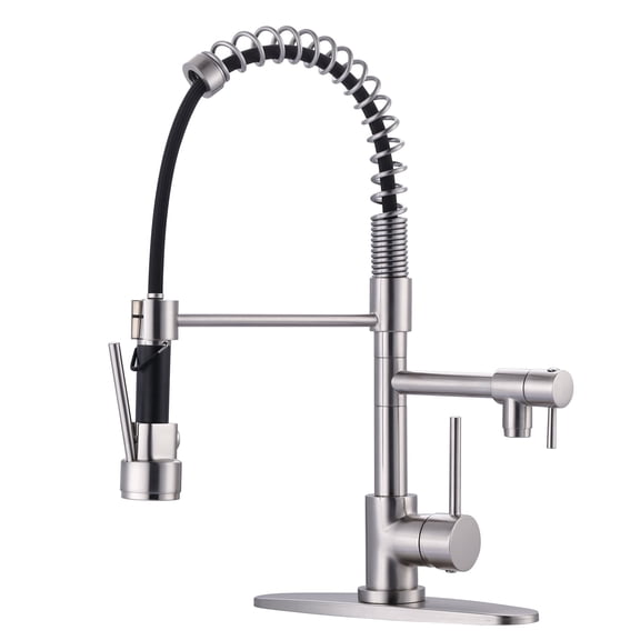 Wowow Brushed Nickel High Arc Spring Kitchen Faucet, Single Handle Pull Down Sprayer, Universal 1 & 3 Hole Installation with Deck Plate