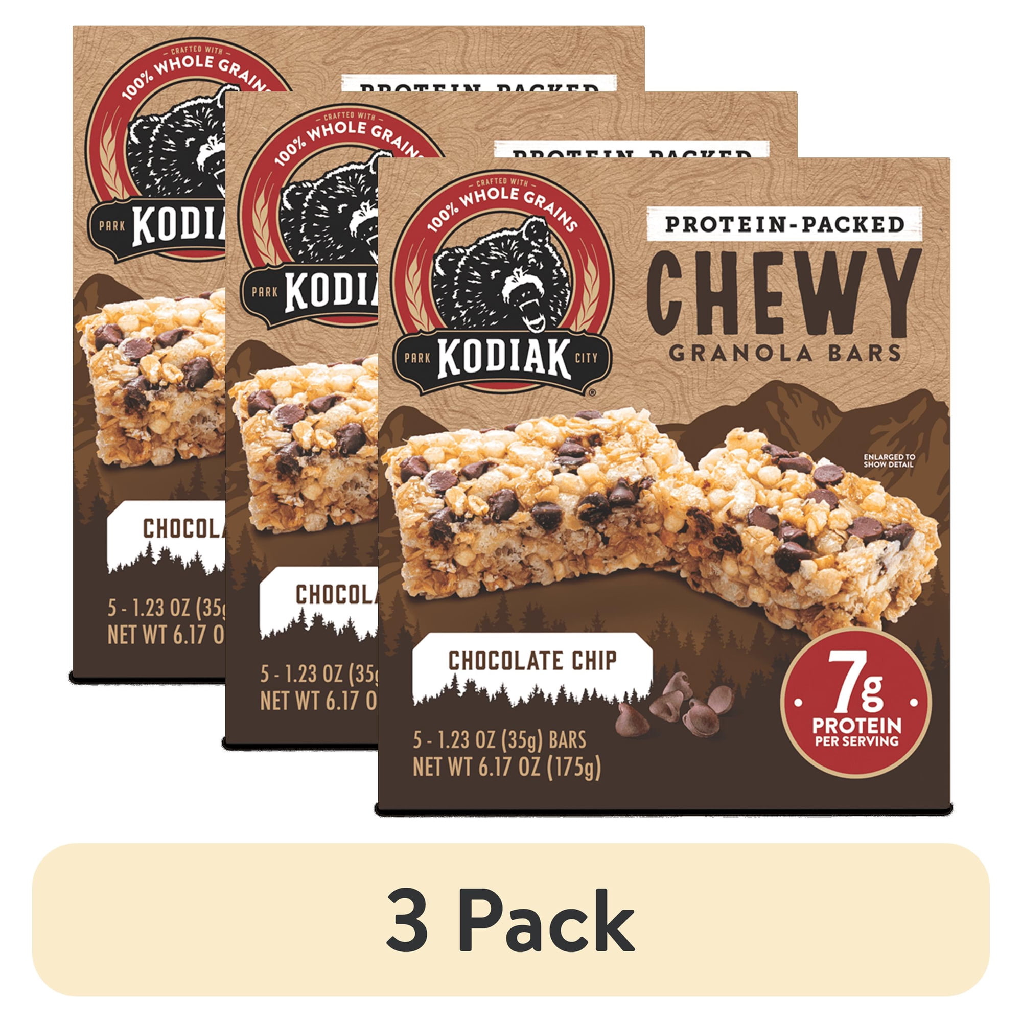 (3 pack) Kodiak Chocolate Chip Chewy Protein Granola Bars, 1.23 oz, 5 Count Cardboard Box