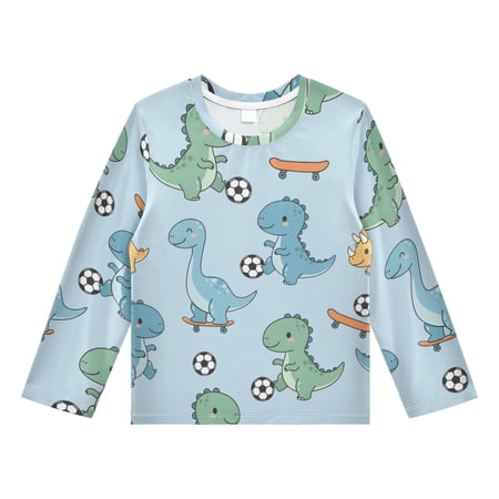 Dinosaur Football Boys Rash Guard Shirts UPF 50 Plus Sun Protection Short Sleeve Swim Tees 7-8T