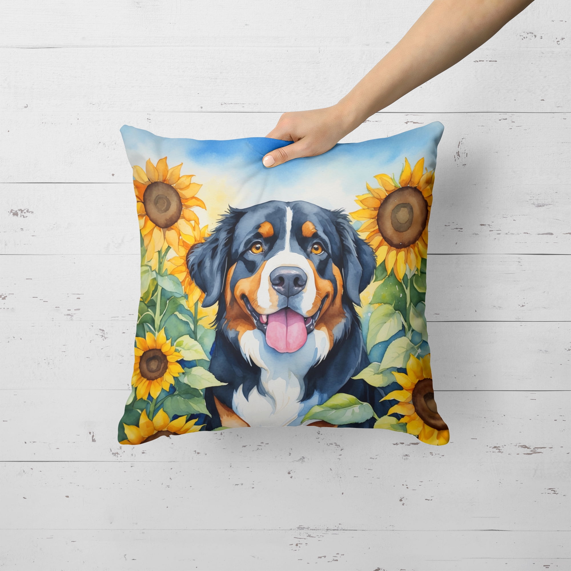 Bernese Mountain Dog in Sunflowers Throw Pillow 18 in x 18 in