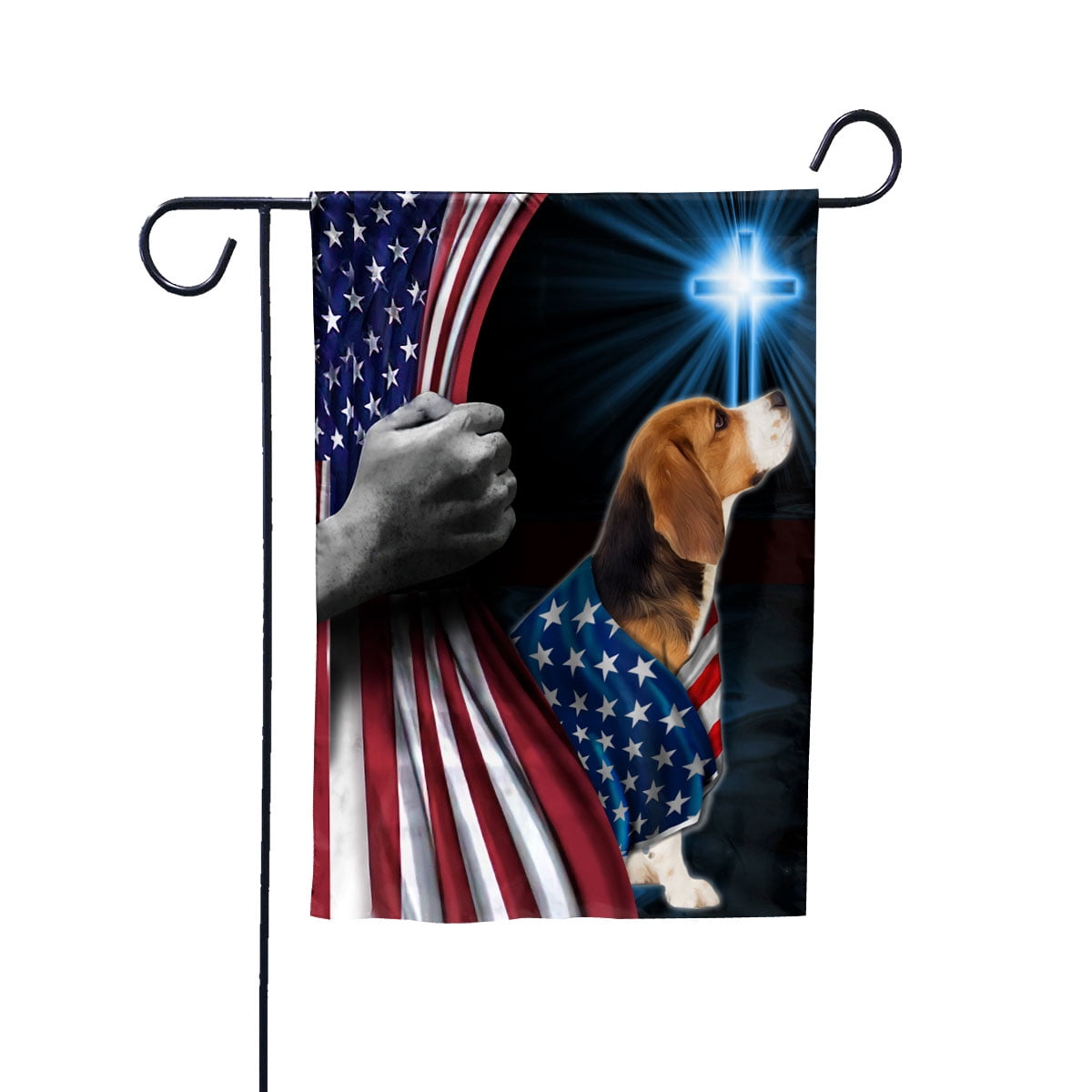 Hand Pulling USA Flag Beagle Dog Wearing Flag American Standing under Cross Christian Patriotic House Flag (3x5) Double Sided- Premium Polyester-Decorative Indoor Outdoor Flag