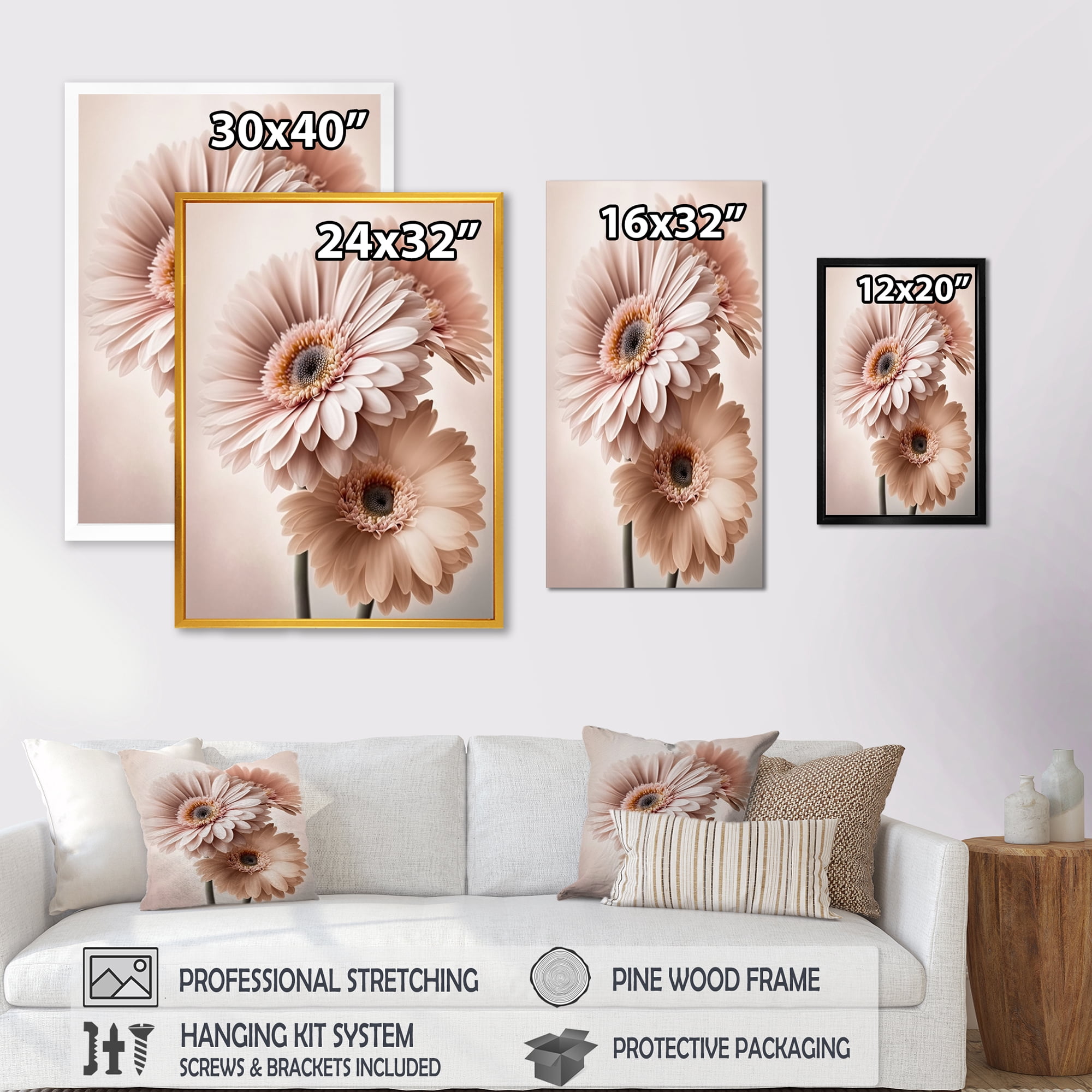 Designart Light Pink Gerbera Flowers I Canvas Wall Art