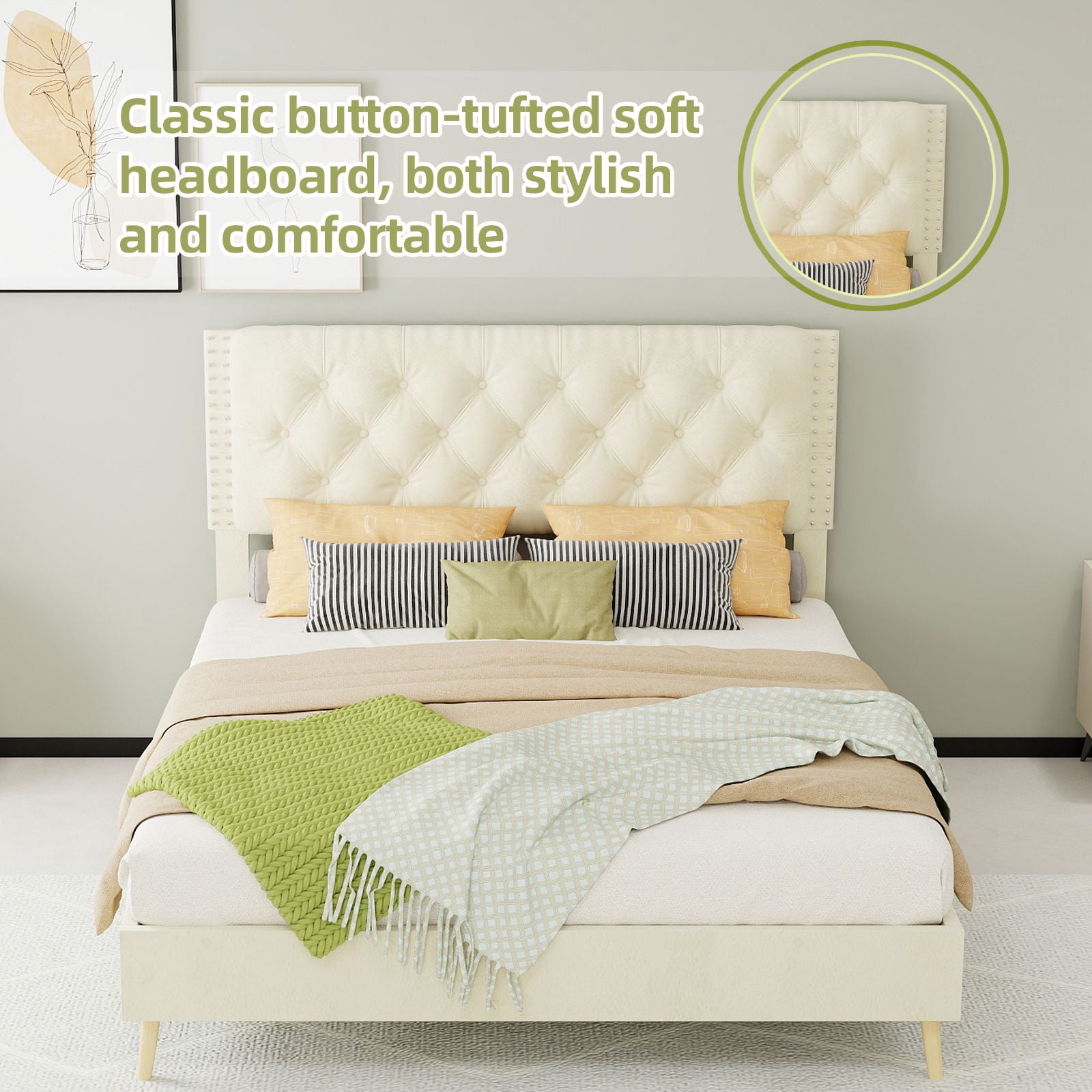 Alvantor Full Size Upholstered Bed Frame with Padded Headboard, Holland Velvet Tufted Beige