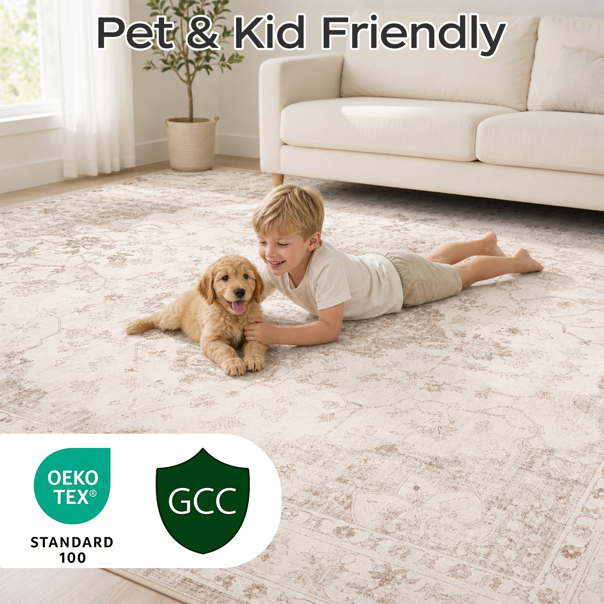 Prilinex 9x12 Area Rug, Washable Rugs for Living Room, Vintage Beige Carpet with Non-Slip & Stain Resistant, Farmhouse Soft Large Rugs for Bedroom Dining Room Kitchen