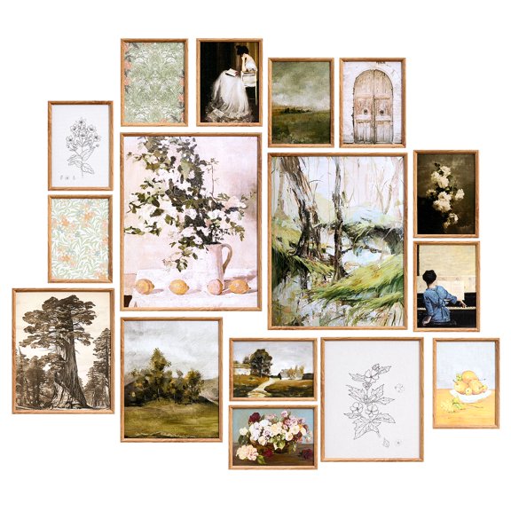 VEVOR 16 PCS Framed Wall Art Prints, Vintage Eclectic Art Decor, Gallery Wall Prints with 3 Sizes for Flexible Combinations, High Gloss & Low-Solubility Canvas, for Living Room, Bedroom, Bathroom