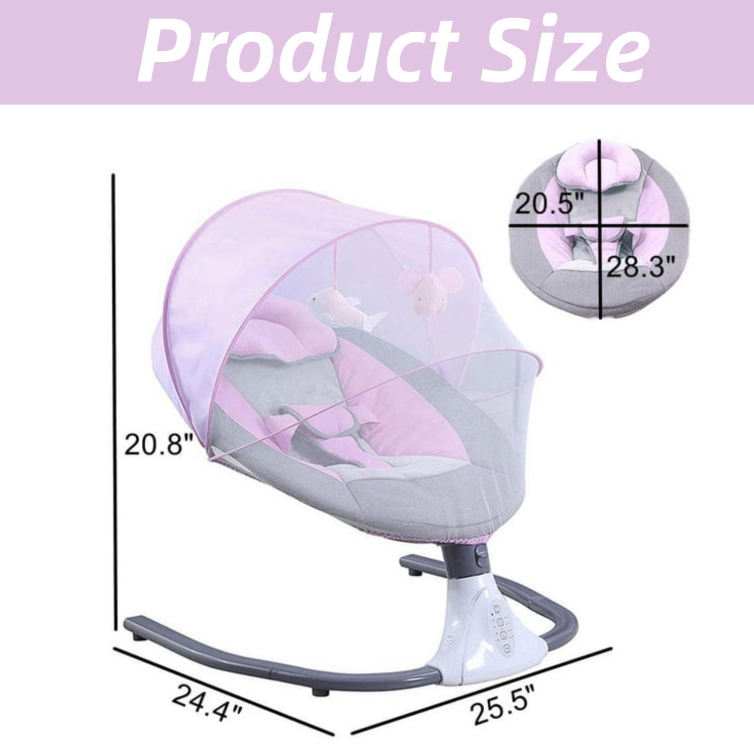 FACNOATIHN Electric Baby Swing, Infant Bouncer Chair Rocker with 12 Lullabies, Bluetooth Music, Adjustable Speeds, 4 Timing Set, Unisex, Pink